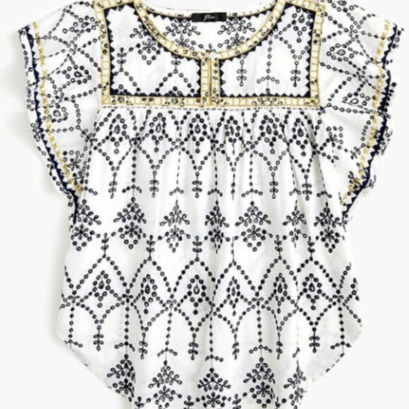 J Crew Embroidered Eyelet Flutter Top Blouse Shirt White Black Gold Small - Picture 1 of 9